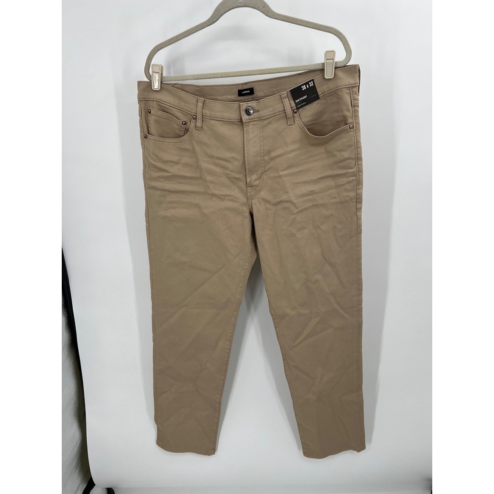 Express Men 38x32 Slim Straight Hyper Stretch Khaki Tan Chino Pants New